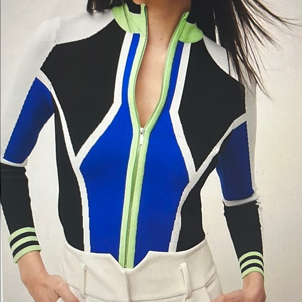 Karen Millen Colorblock Zip-Up funnel knit jacket
